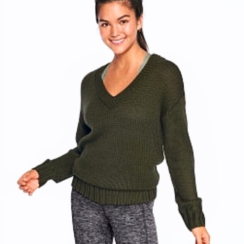 Victoria's Secret PINK Cable Knit V-Neck Long Sleeve Sweater Green Womens XS NEW
